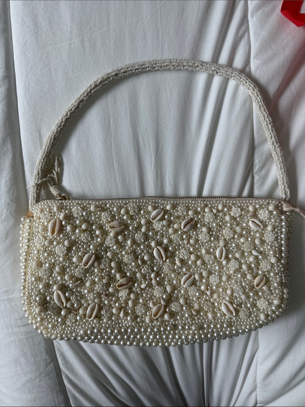 Pearl & Shell Embellished Shoulder Bag - Cream